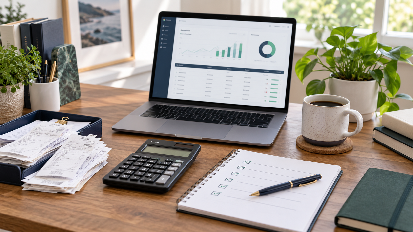 Organized monthly bookkeeping workspace with financial reports, receipts, calculator, and checklist.